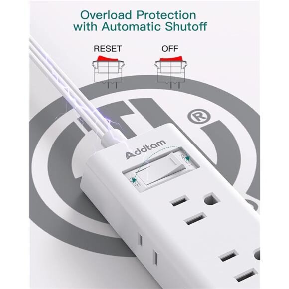 Flat Plug Power Strip, Addtam 5 ft Ultra Flat Extension - Picture 6 of 7